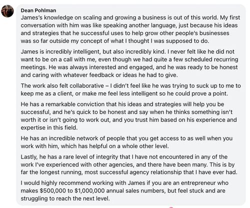Client testimonial for James Guldan business consulting